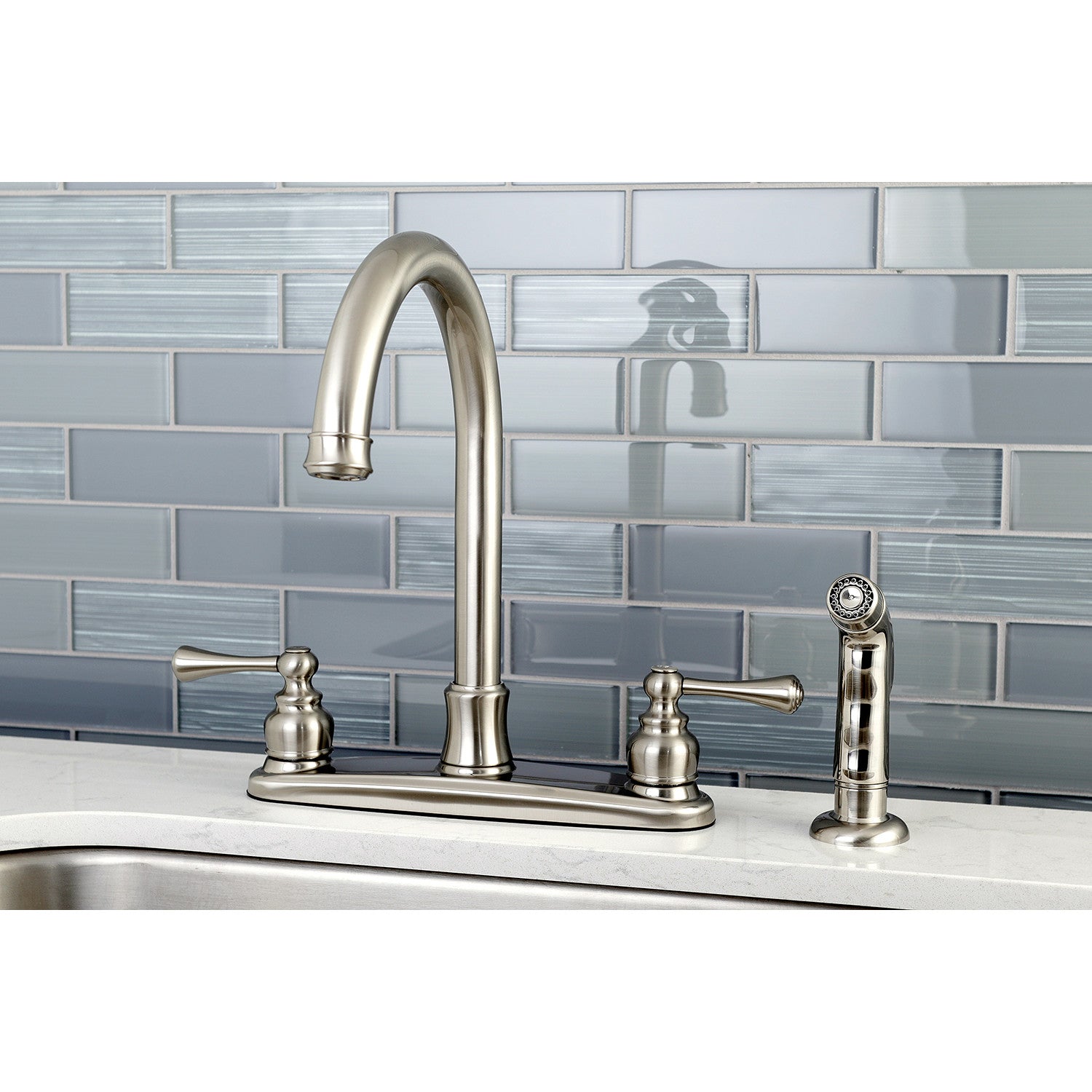 Kingston Tulare FB7798BLSP - Vintage Two-Handle 4-Hole 8" Centerset Kitchen Faucet with Side Sprayer, Brushed Nickel — thumbnail 2